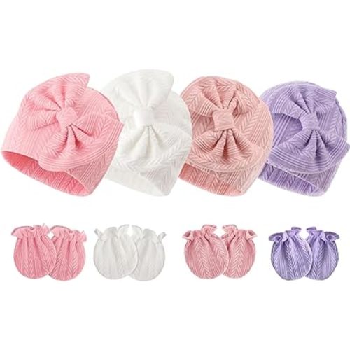 BQUBO Newborn Baby Hats Mittens Set Hospital Hat Beanie Infant Bow Hats Baby Gloves No Scratch Mittens for 0-6 Months