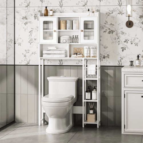JOINICE Over the Toilet Storage Cabinet,Bathroom Space Saver Organizer Above Toilet with Doors and Adjustable Shelf,White