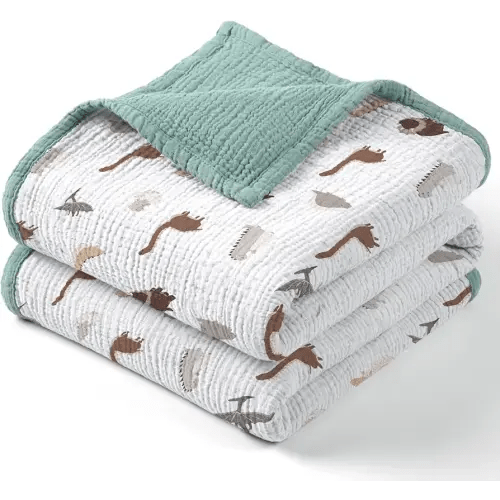 Lulu moon Muslin Baby Blanket - Cotton Quilt Blankets for Toddlers - Reversible Nursery Crib Blanket for Baby Boys and Girls 47"x47"(Sage Dinosaur)