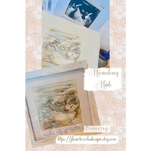 Hand painted, 8x8 framed custom painting of ultrasound, personalized with name