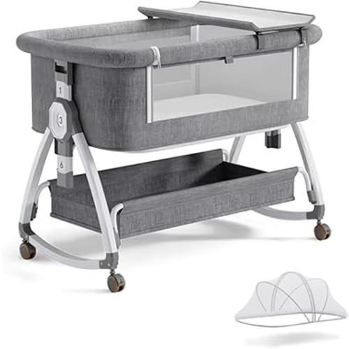 bonbay Baby Bassinet, Bedside Bassinet for Baby, 4 in 1 Portable Bassinet Bedside Sleeper with Wheels Mosquito Net & Storage Basket, 6 Height Adjustable Rocking Bassinet for Baby Newborn