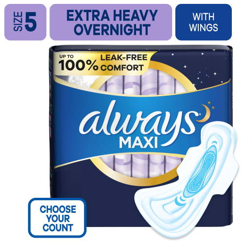Always Maxi Pads with Wings, Size 5, Extra Heavy Overnight Absorbency, 36 CT HSA/FSA Eligible
