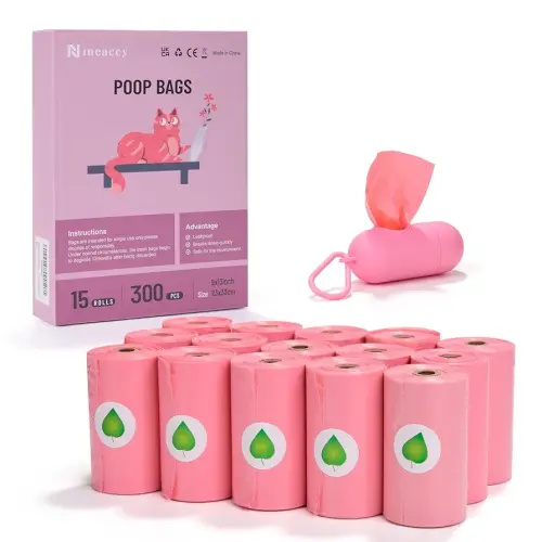 Biodegradable Pink Dog Poo Bags Lavender scent with Dispenser - 300 Large Poop Bags, Extra Thicken Strong Corn Starch Blended Compostable Leak Proof Poop Waste Bag for Dogs