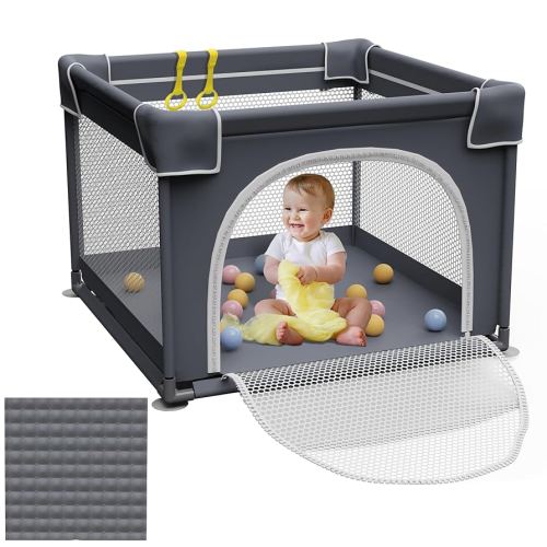 Small Playpen with Mat, 36"x36", Toddler Playard, Indoor & Outdoor Play Yard, Sturdy Safety Baby Play Yard with Soft Breathable Mesh (Grey)