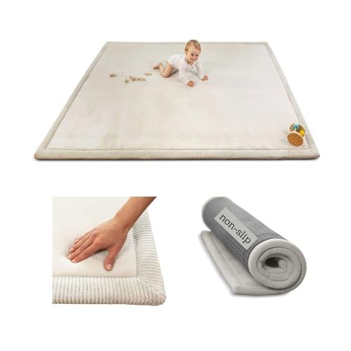 Premium Baby Play Mat 60”x80” Light Gray – Cloud-Soft Coral Velvet Memory Foam Rug for Crawling & Play – Non-Slip, Water-Repellent, Easy-Care Tummy Time Mat – Non-Toxic Padded Playmat