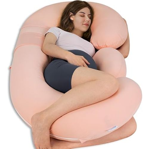 QUEEN ROSE Cooling E Shaped Pregnancy Pillows, Detachable Body Pillow for Sleeping, with Pregnancy Wedge Pillow for Belly Support, Cooling Rayon Cover,Pink