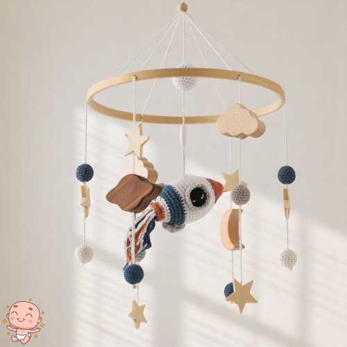 Handmade Baby Mobile with Spaceship, Stars and Moon – Nursery Decor, Newborn Gift, Baby Shower Gift, Outer Space Crib Mobile