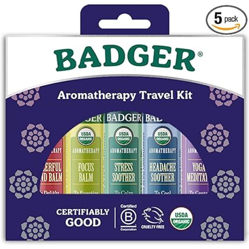 Badger Aromatherapy Travel Set, Organic Essential Oil Balm Variety Pack, Aromatherapy Gift Set, 1 Cheerful Mind, 1 Stress Soother, 1 Focus Balm, 1 Headache Soother, 1 Yoga & Meditation Balm, 5-Pack