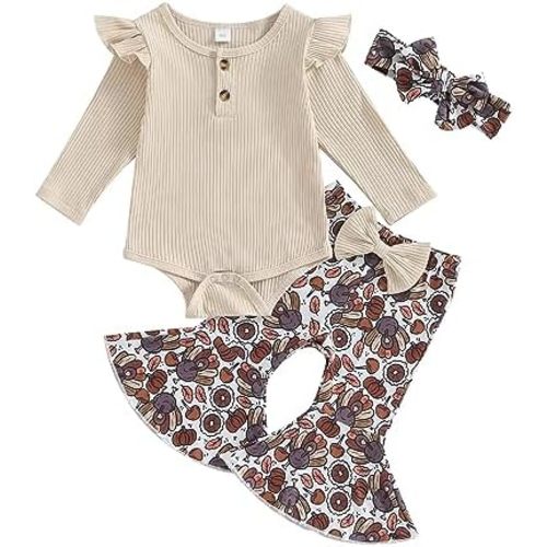 Kuriozud Newborn Baby Girl Bell Bottom Outfit Ruffle Romper Cute Bow Flare Pants Set Headband Cute Clothes