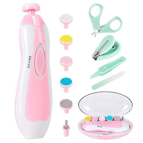 Baby Nail Trimmer Electric-12 in 1 Baby Nail Clippers Safe Baby Nail File Kit with a Nail Clipper, Scissor, Tweezers, and Nail Files (Pink+)