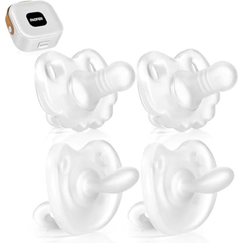 4 Count Silicone One Piece Baby Pacifier ,Orthodontic Nipple Supports Newborn Pacifiers for Babies 0+ Months,2 Night use & 2daytime use (All White)