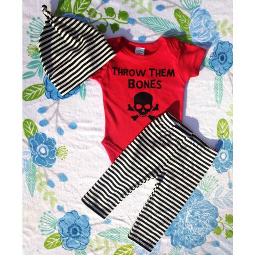 Handmade Nebraska Kids Outfit Black White Stripe Joggers BeanieHeadband Bones BodysuitTee