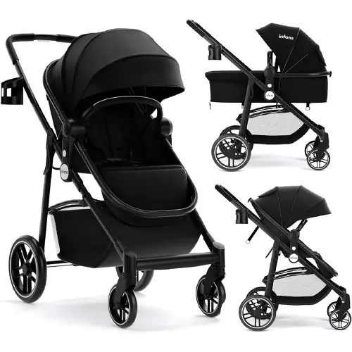 INFANS 2 in 1 Baby Stroller, High Landscape Infant Stroller & Reversible Bassinet Pram, Foldable Pushchair with Adjustable Canopy, Storage Basket, Cup Holder, Suspension Wheels (Black)