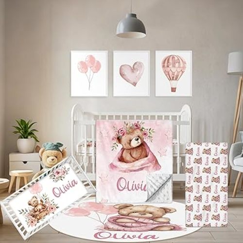 Custom Baby Crib Bedding Set, 5 Pcs Personalized Name Baby Crib Sets for Infant Toddler, Pink Bear Nursery Bedding Set for Girls Boys, Double Layer Flannel Baby Bedding Sets Customized Gifts