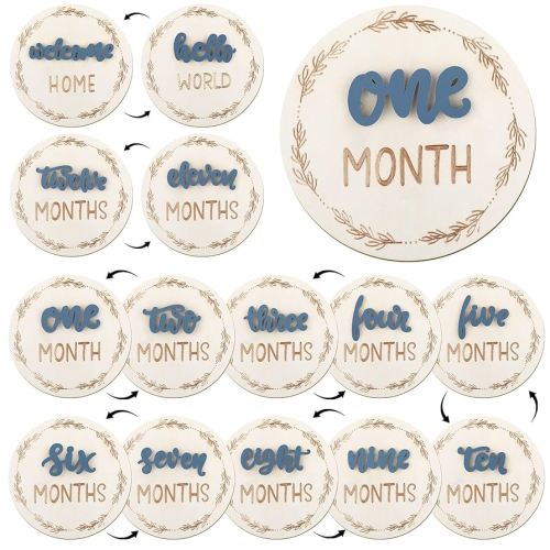 Baby Monthly Milestone Cards, Wooden 3D Baby Milestone Signs, Double Sided Blue Monthly Baby Milestone for Newborn Boy Girl 1-12 Months Photos