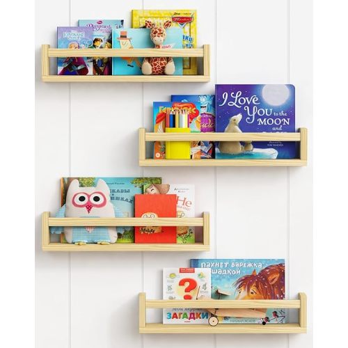 Forbena Natural Wood Nursery Book Shelves Wall Mounted, Floating Bookshelf for Kids Room, Toys and Books Storage Organizer Bookshelves for Toddler Child Bedroom Bathroom (4 Pack Natural Wood)