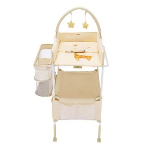 VEVOR Baby Changing Table, Foldable Diaper Change Station with 2 Fabric Drawers, Side Basket & Hanging Rod,Lockable Wheels & 2 Star Toys,Light Beige