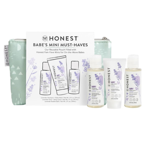 The Honest Company Babe's Mini Must Haves Gift Set Travel Size Hypoallergenic Lavender Bathtime Essentials Shampoo Body Wash (2 fl oz) Face Lotion (1 Bubble Bath