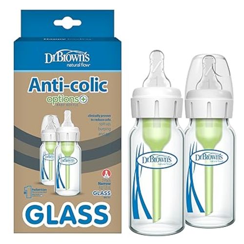 Dr. Brown's Anti-Colic Options+ Narrow Glass Baby Bottle with Level 1 Slow Flow Nipple, BPA-Free, 4 oz/120mL, 2-Pack