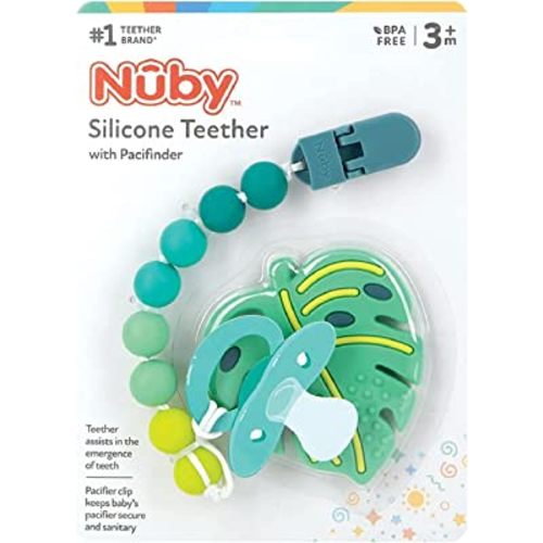 Nuby All Silicone Teether with Bonus Silicone Pacifinder with Clip - 3+ Months, 1pk,Monstera Leaf