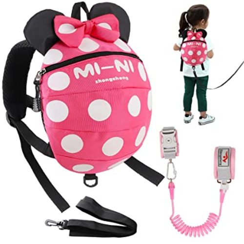 4 in 1 Toddler Harness Leash + Baby Anti Lost Wrist Link, Cute Child Safety Harness Tether, Child Walking Harness Wristband Assistant Strap Belt for Baby Girls(Rose Red) - rose red