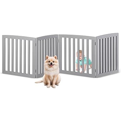 ZENY 24 Inch Pet Dog Gate, Foldable Freestanding Dog Door 4 Panel, White Wooden Z Shape Step Over Pet Fence for Entryway, Stairs, Doorway (Grey)