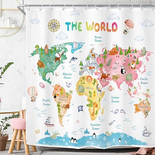 Riyidecor Kids World Map Shower Curtain for Bathroom Decor 72Wx72H Funny Educational Tool Cartoon Cute Animal Geography Continents Ocean Art Printed Fabric Polyester Waterproof 12 Pack Plastic Hooks