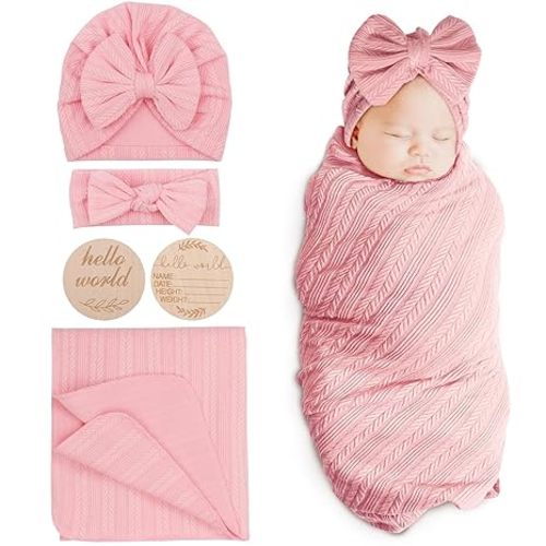 DRESHOW BQUBO Baby Swaddle Blankets for Girls, 4PCS Newborn Accessories Set with Hat and Bow Headband with Hello World Wooden Birth Announcement Card, Baby Blankets for Girls (Pink)