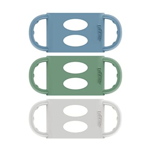 Dr. Brown's Milestones 100% Silicone Baby Bottle Handles, Wide-Neck, Removable Easy-Grip Transitional Sippy Cup Handles, Light Blue, Green, Gray, 4m+, 3 Pack