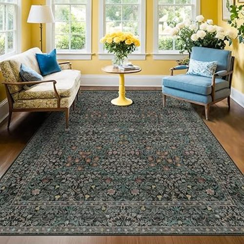 Dark Green Floral Living Room Rug 5x7 Area Rug - Vintage Forest Washable Mat for Dining Room, Bedroom, Low Pile Non Slip Stain Resistance Distressed Retro Indoor Boho Carpet (5x7 Dark Green)