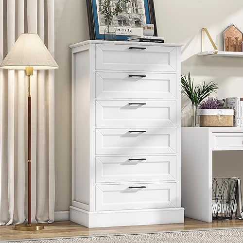 White 6 Drawer Dresser, 55 Inch Tall White Dresser for Bedroom, Modern Farmhouse Style Chest of Drawers for Bedroom Living Room, Wood Rustic Tall Dresser, Organizer for Closet, Living Room, Hallway1