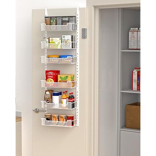 12.3" W Narrow Over the Door Pantry Organizer, 6-Tier Over the Door Organizer with Adjustable Basket, Pantry Door Organization for Pantry Kitchen Storage Room Spice Rack, White