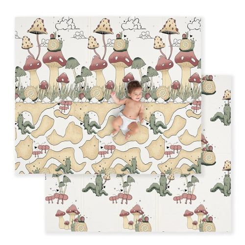 JumpOff Jo Baby Play Mat - Large Folding Foam Play Mat for Infants, Babies, Toddlers, Waterproof, Double-Sided (70" x 59") - Mushroom Garden