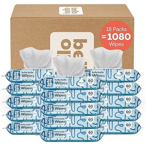 Hello Bello Extra Gentle Unscented Baby Wipes - Plant Based - Made with 99% Water and Aloe for Babies and Kids - 1080 Count