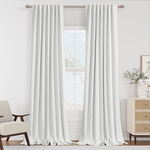 Guken White 100% Blackout Linen Curtains 96 Inch Length 2 Panels