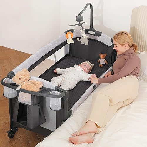 ELEMARA 4 in 1 Wide Baby Bassinet Bedside with Diaper Changer,Long Next to Bed Crib with Mattress,Sheet,Music and Blackout Cover,Playpen Travel Bed with Storage,XL Co Sleeper with 3 Adjustable Height