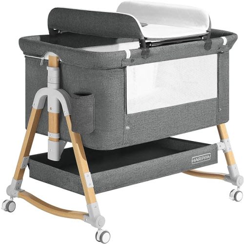 Baby Bassinet Bedside Sleeper(Diaper Changing Station+Mosquito Net Included), Adjustable Bedside Crib with Storage for Newborns, Portable Bassinet with Anchor Strap (Wood Grain, Grey)