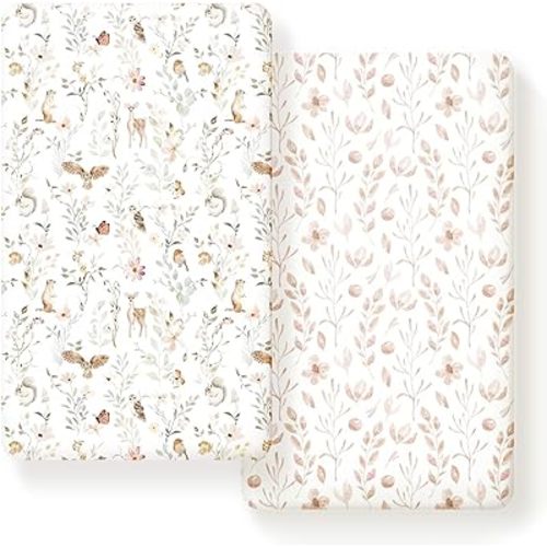 GRSSDER Stretch Ultra Soft Jersey Knit Fitted Crib Sheets Set 2 Pack,Fit All Standard Crib Mattress Pads Safe and Snug, Crib Fitted Sheet for Girls, Beautiful Blush Pink Floral and Cute Animals Print
