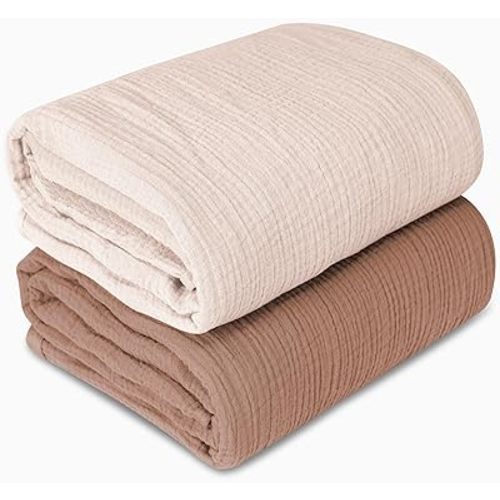 Muslin Swaddle Blankets for Newborn, 2 Pack Breathable Soft Receiving Blanket, Large 41 x 41 inches Swaddle Wrap Burping Clothes, Essentials Infant Shower Items. (Beige + Coffee)