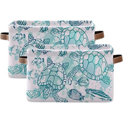 Storage Basket Cube Tropical Ocean Sea Turtle Fish Large Collapsible Toys Storage Box Bin Laundry Organizer for Closet Shelf Nursery Kids Bedroom,15x11x9.5 in,2 Pack