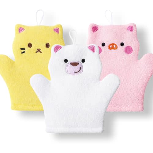 Amersis 3pcs Cute Polar Bear, Pig & Cat Bath Sponge/Mitt/Loofahs/Gloves - Baby Toddler Children Soft Bath Scrub & Wash Bubble Gloves