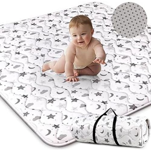 BROLEX Thick Baby Play Mat: 50x50 Inches Playmat for Floor Extra Large Padded Soft Foldable Nonslip Infant Toddler Tummy Crawling Time, White Star