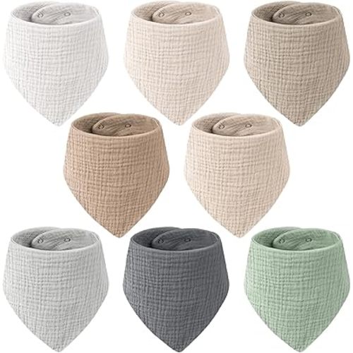 Muslin Baby Bibs for Unisex, 100% Cotton Soft and Absorbent Gender Neutral Set for Feeding and Drooling 8 Packs