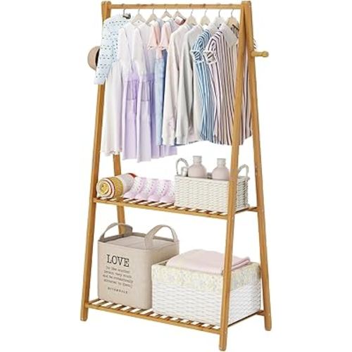 Kids Clothing Rack for Hanging Clothes Portable Clothes Rack Wooden Drying Rack Clothing Standing Bamboo Garment Rack with Shelves Laundry Rack for Drying Clothes Indoor