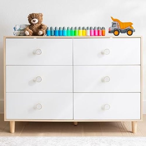 White Dresser for Bedroom, 6 Drawer Dressers with Solid Wood Legs, Baby Dresser for Kids, Storage for Clothes and Baby Essentials