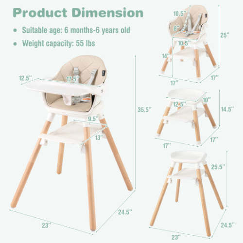 6 in 1 Convertible Highchair With Safety Harness and Removable Tray-Beige