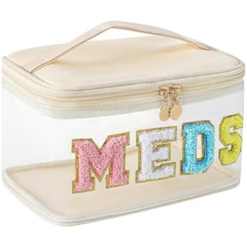 Large Waterproof Chenille Letter Medicine Clear Makeup Bag, Transparent PVC Nylon Preppy Patch Cosmetic Bag with Handle, Portable Meds First Aid Travel Organizer Cosmetic Bag (06MEDS- Beige)
