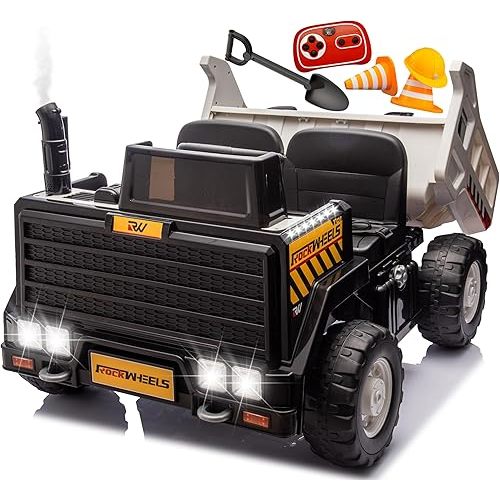 24V 7AH 2-Seater 4WD Dumper Ride-On Construction Car, 4x200W Motors, Electric Tipping Dump Bed, Remote Control, LED Lights, Steam Spray, Helmet Included, 24" Seat - White