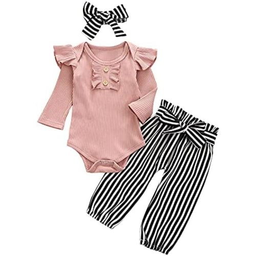 Newborn Baby Girl Clothes Ribbed Ruffled Romper+Striped/Cow/Leopard Flared Pants Infant Outifts 0-18 Months
