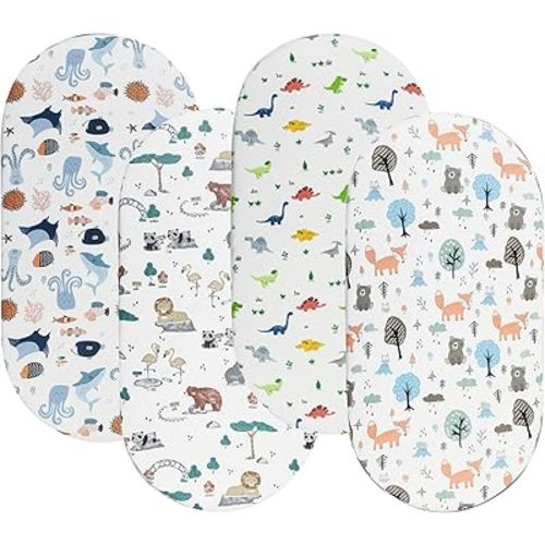 Bassinet Sheets for Baby Boy and Girl, Stretchy Breathable Fitted Sheet Universal for Bassinet Cradle Hourglass Oval Rectangle Pad/Mattress, 4 Pack Undersea Fish, Animal and Dinosaur Printing